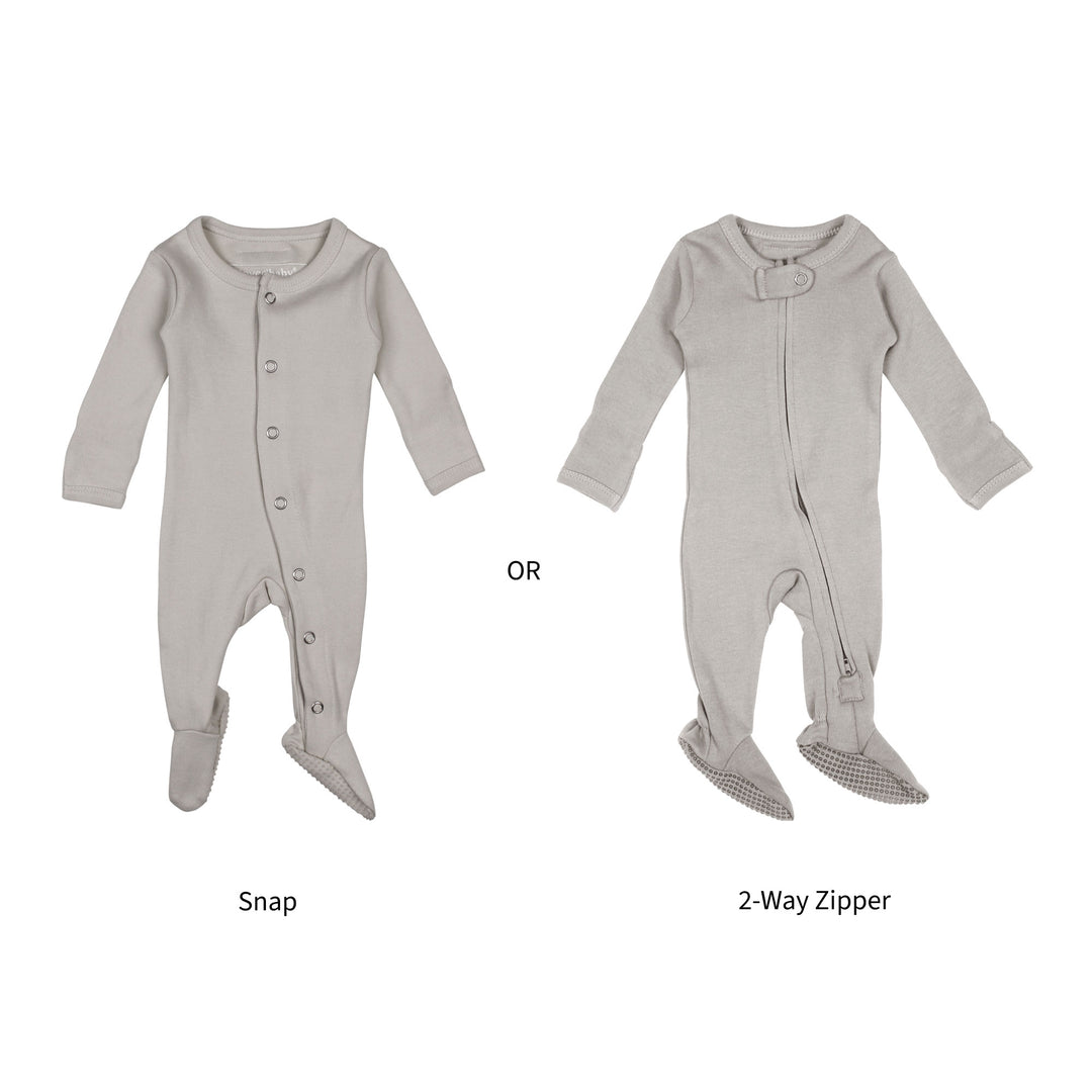 Flat image showing both snap and zipper footies in light gray