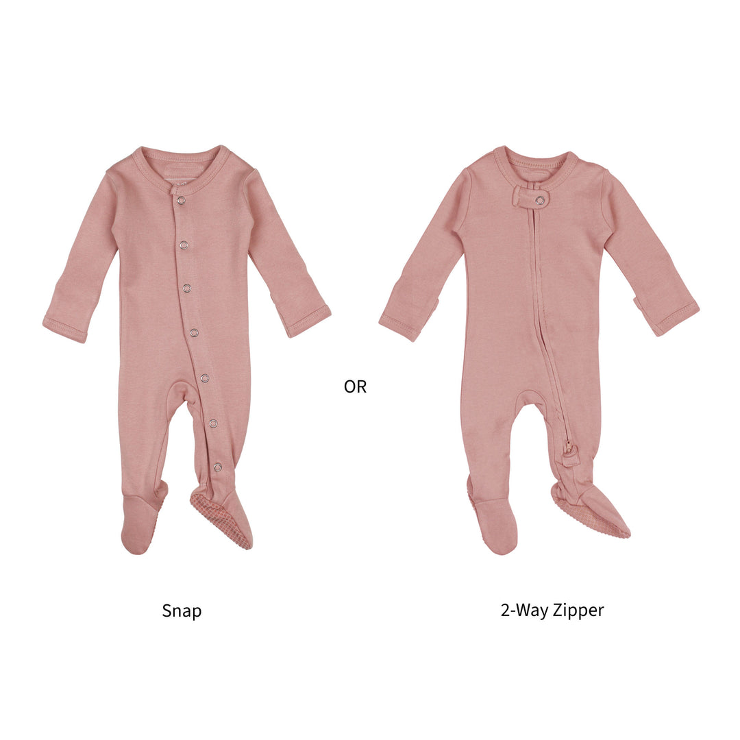 Flat image showing both snap and zipper footies in mauve