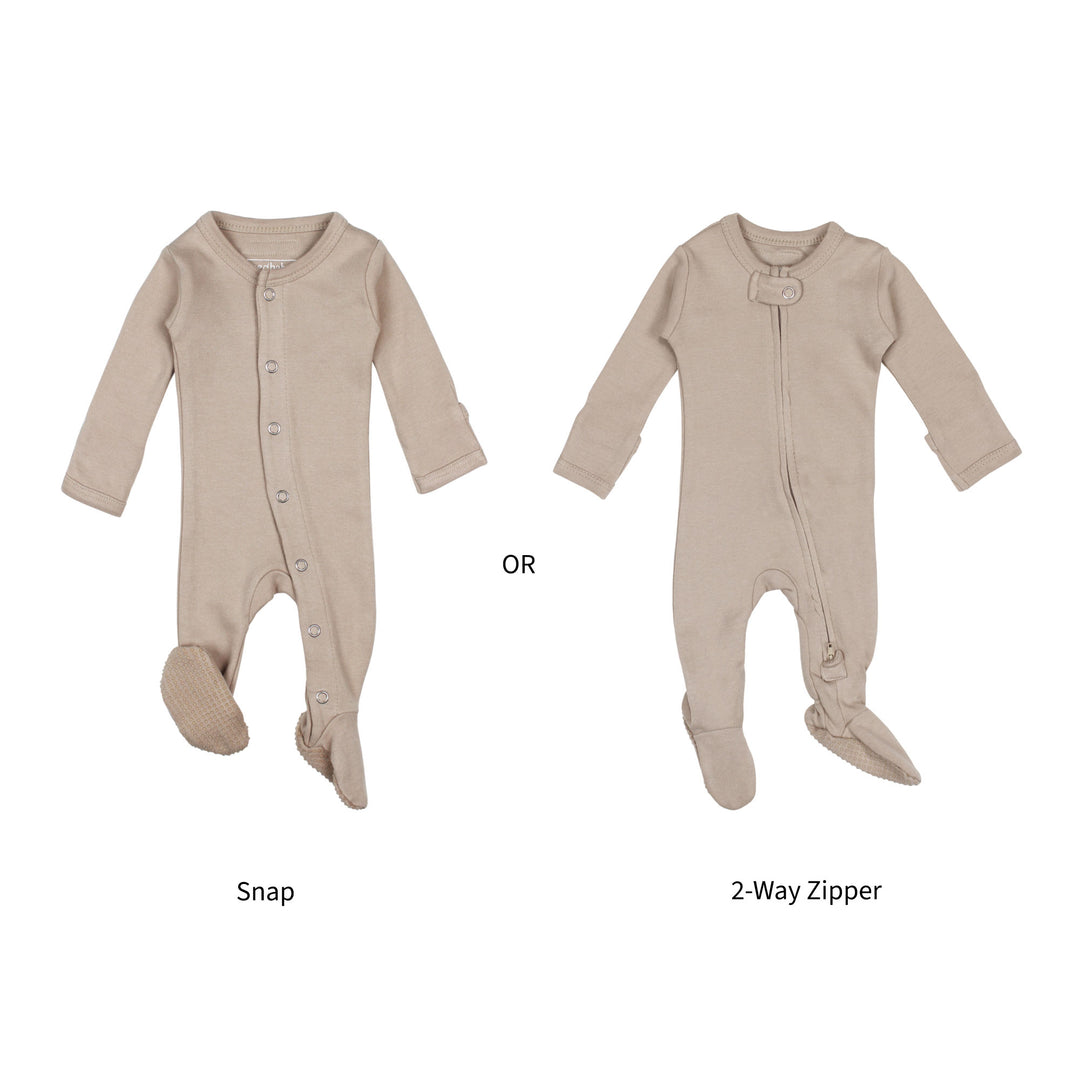 Flat image showing both snap and zipper footies in oatmeal
