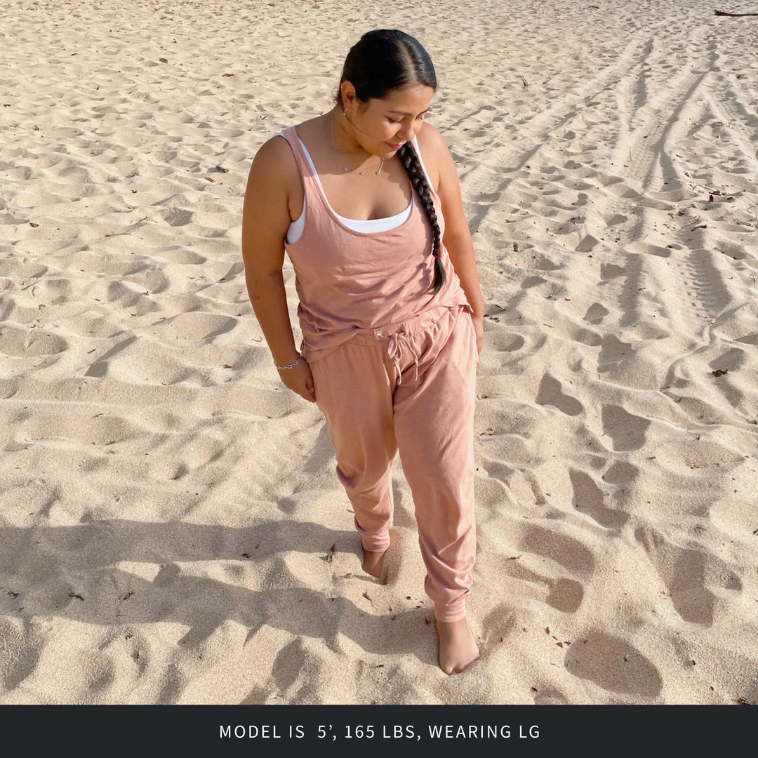Woman wearing Women's Organic Tank & Jogger Set in Adobe.