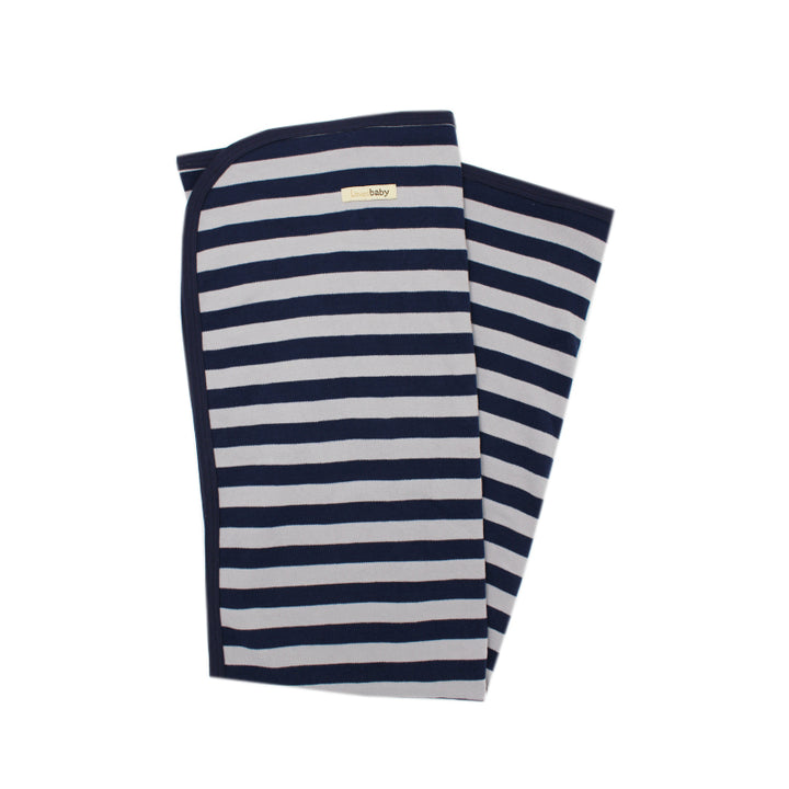 Organic Swaddling Blanket in Navy/Light Gray Stripe, a dark blue and light gray stripe pattern.