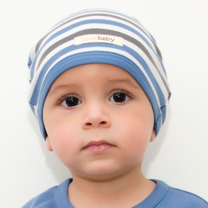 Child wearing Organic Cute Cap in Slate Stripe.