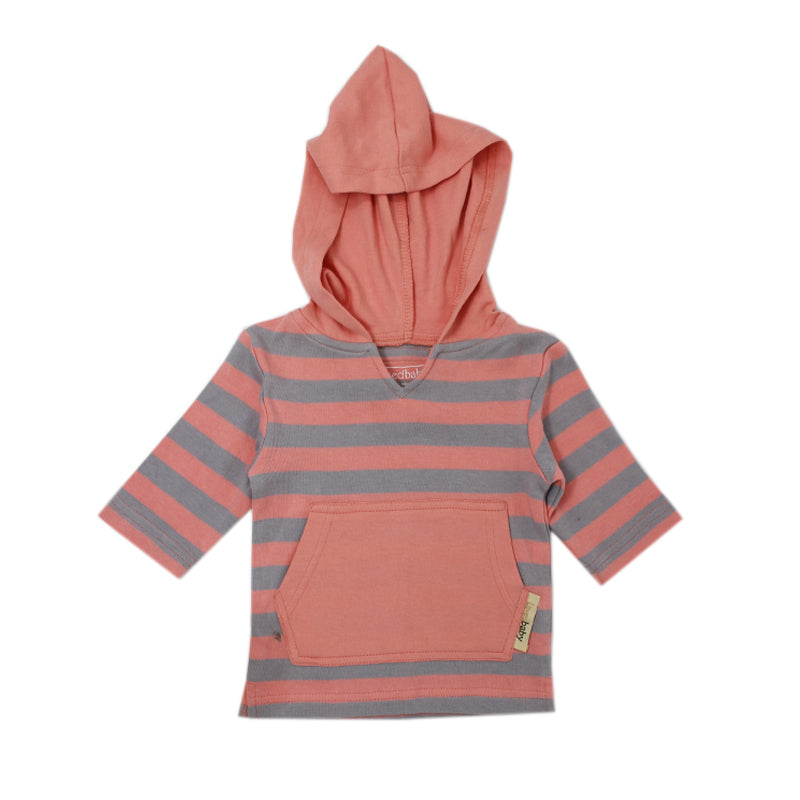 Organic Hoodie in Coral/Light Gray Stripe, a salmon pink and light gray stripe pattern.