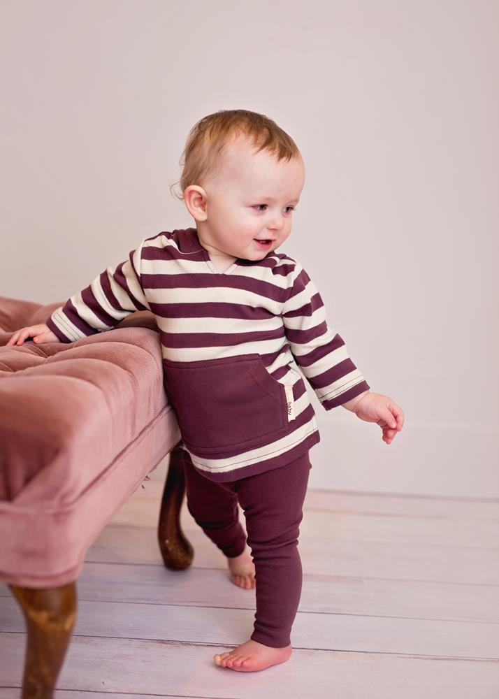 Child wearing Organic Hoodie in Eggplant/Stone Stripe.