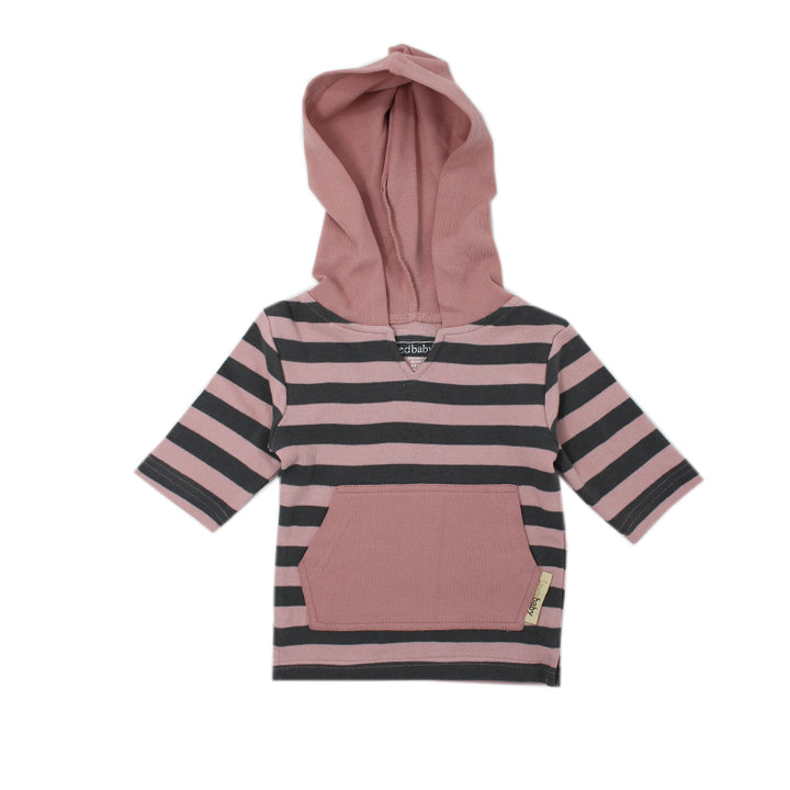 Organic Hoodie in Mauve/Gray Stripe, a pink and gray stripe pattern.