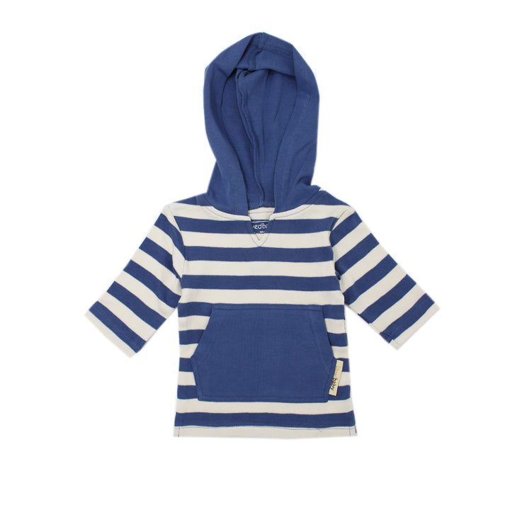 Organic Hoodie in Slate/Beige Stripe, a blue and beige stripe pattern.