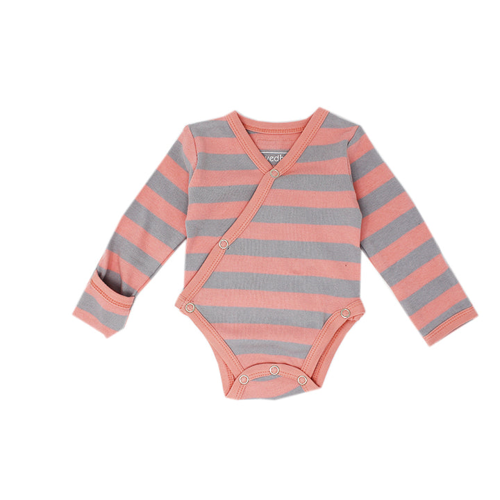 Organic Kimono Bodysuit in Coral/Light Gray Stripe, a salmon pink and light gray stripe pattern.
