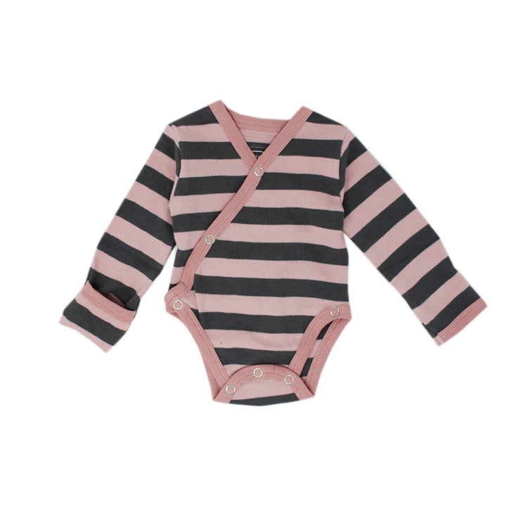 Organic Kimono Bodysuit in Mauve/Gray Stripe, a pink and gray stripe pattern.