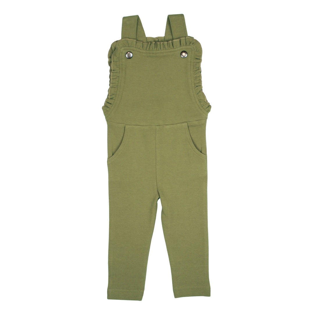 Corduroy Ruffle Romper in Olive, a medium green color.