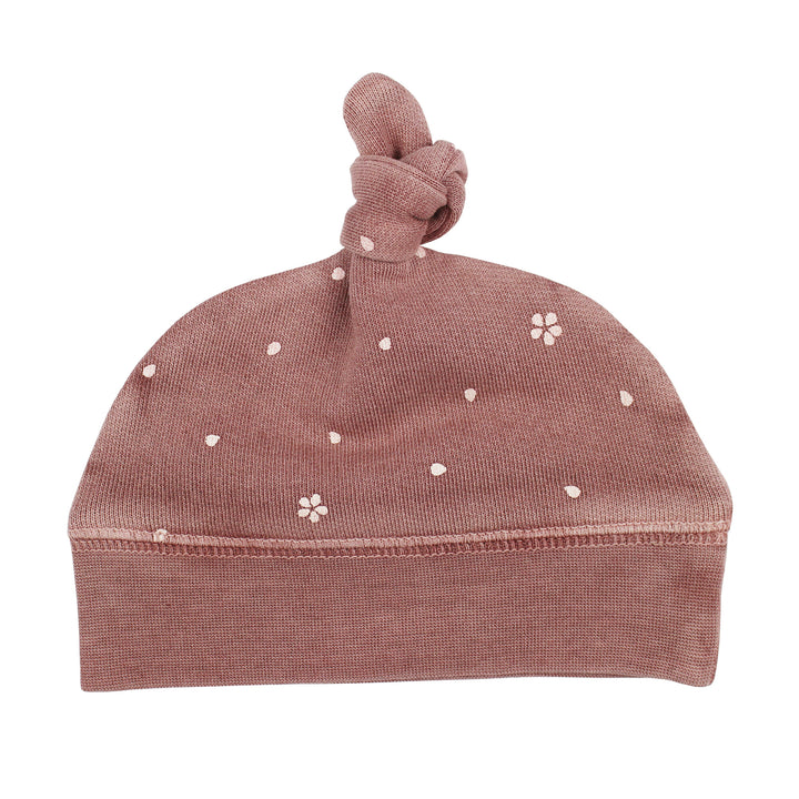 Organic Cozy Top-Knot Hat in Rosewood Flower.