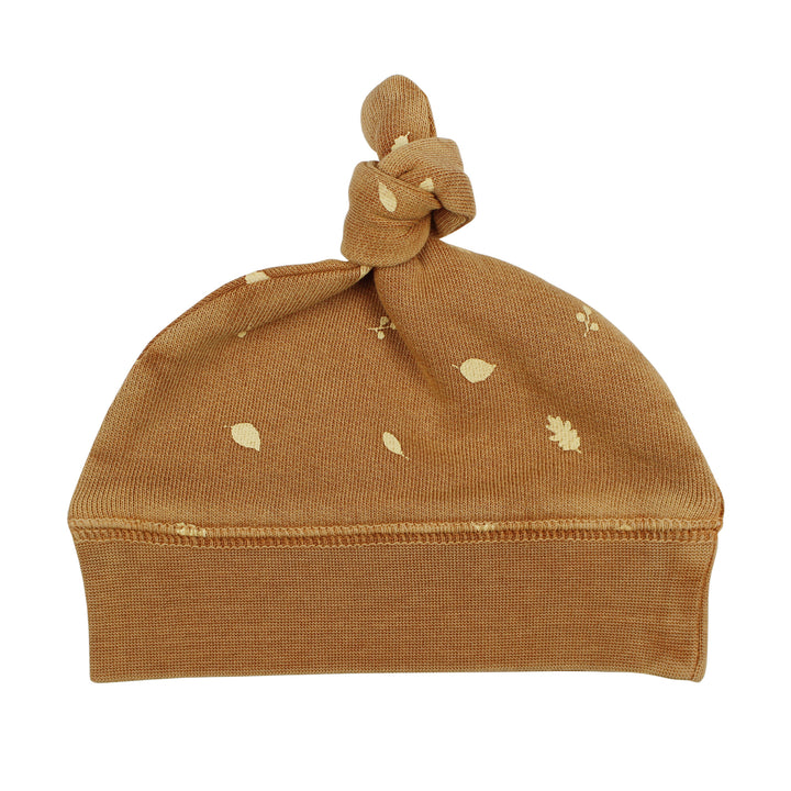 Organic Cozy Top-Knot Hat in Toffee Leaf.