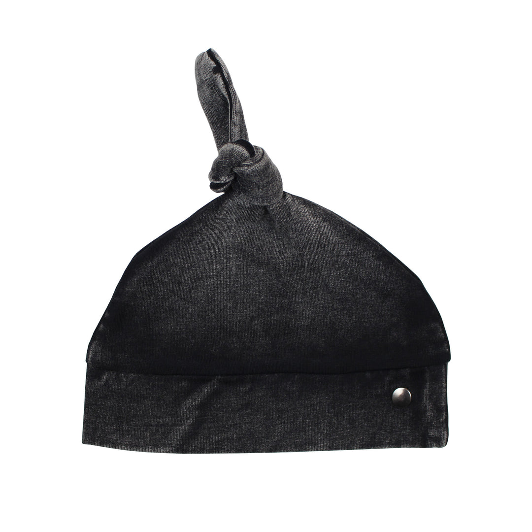 Faux Denim Top-Knot Hat in Black.