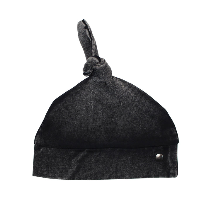 Faux Denim Top-Knot Hat in Black.