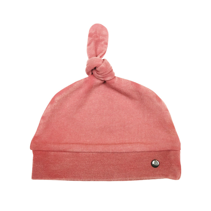 Faux Denim Top-Knot Hat in Sienna, a dark pink color.