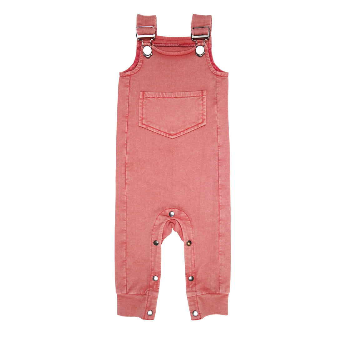 Faux Denim Overall in Sienna, a dark pink color.