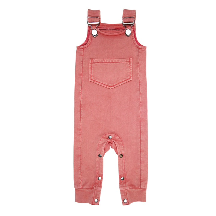 Faux Denim Overall in Sienna, a dark pink color.