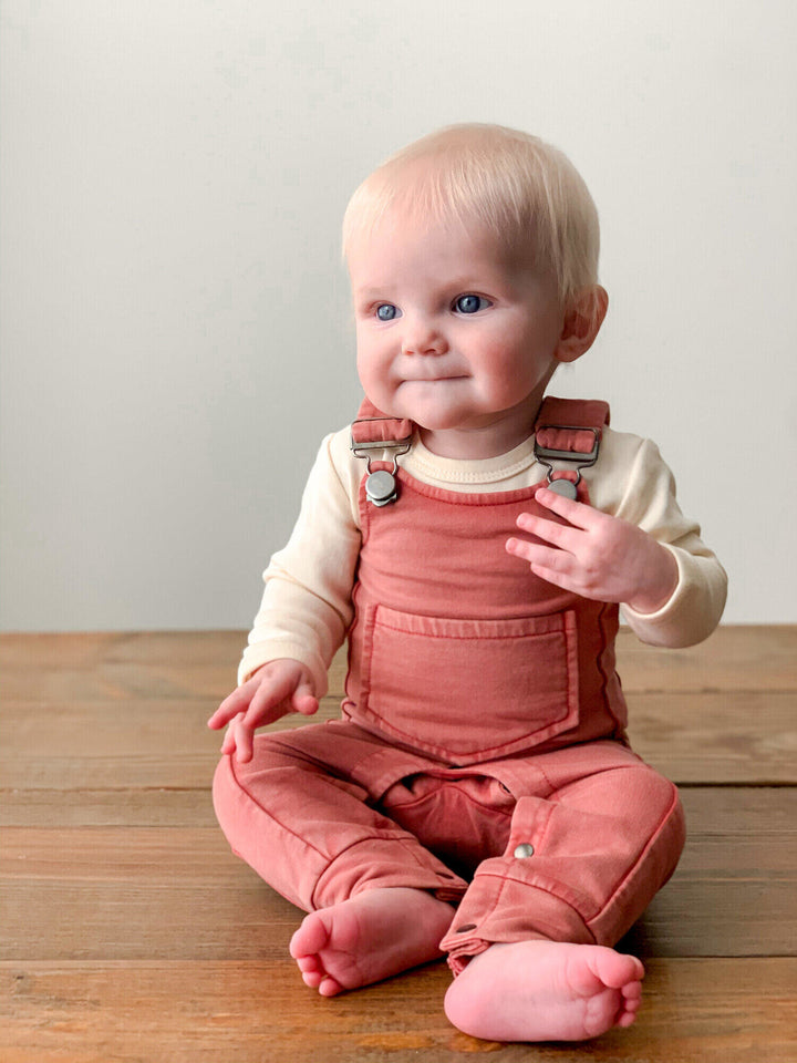 Child wearing Faux Denim Overall in Sienna.