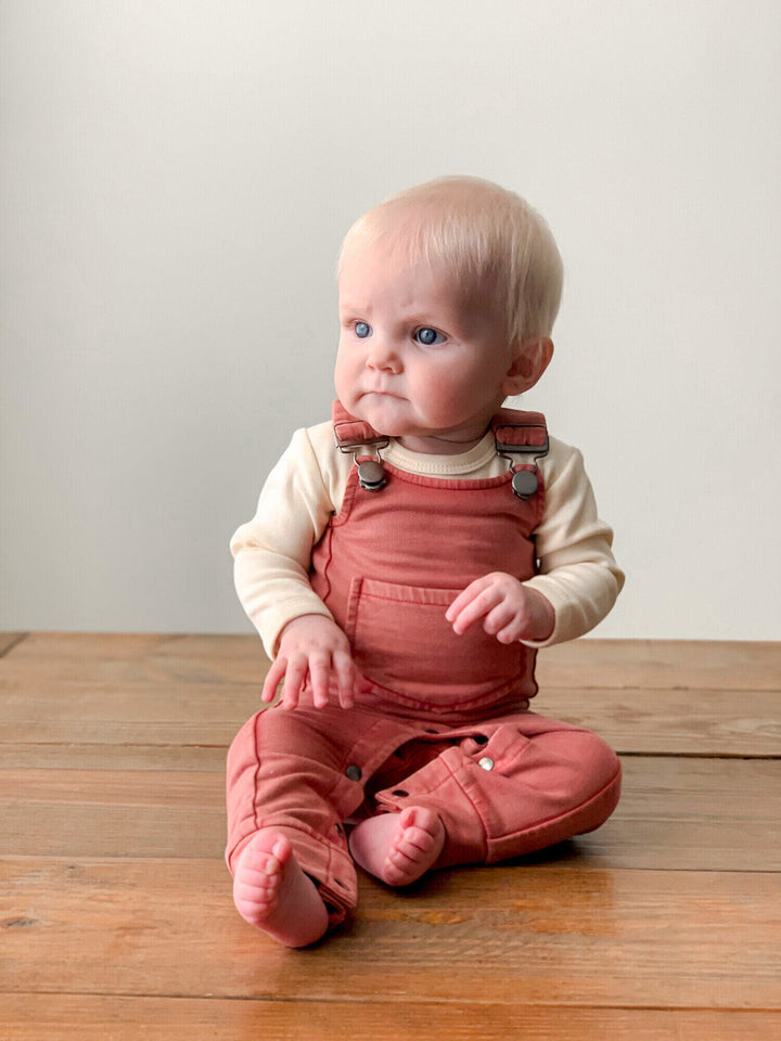 Child wearing Faux Denim Overall in Sienna.