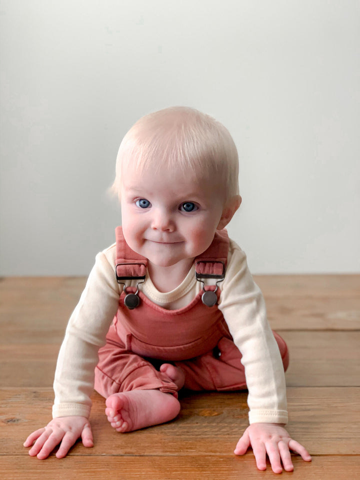 Child wearing Faux Denim Overall in Sienna.