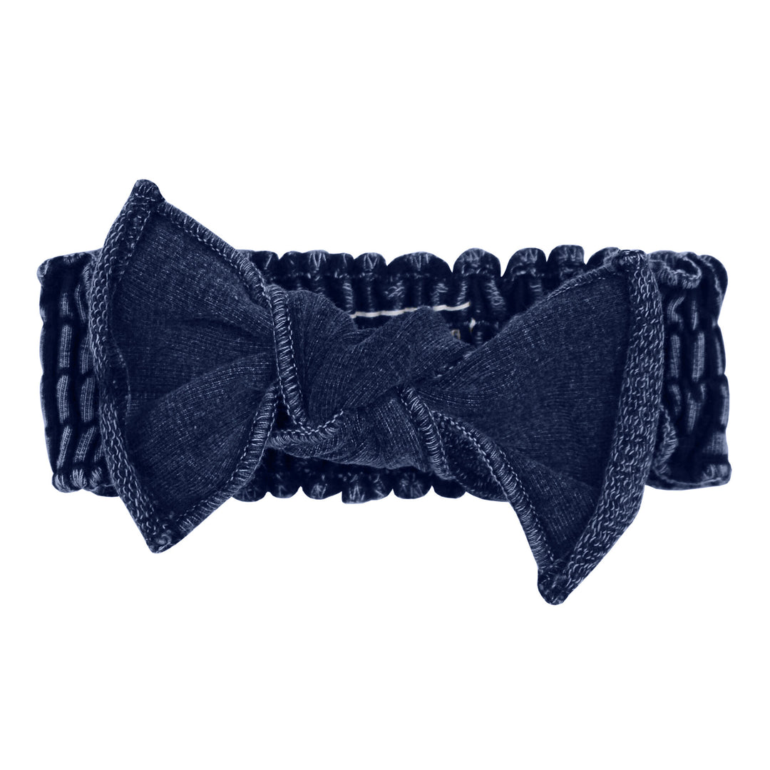 Faux Denim Smocked Headband in Navy, a dark blue color.