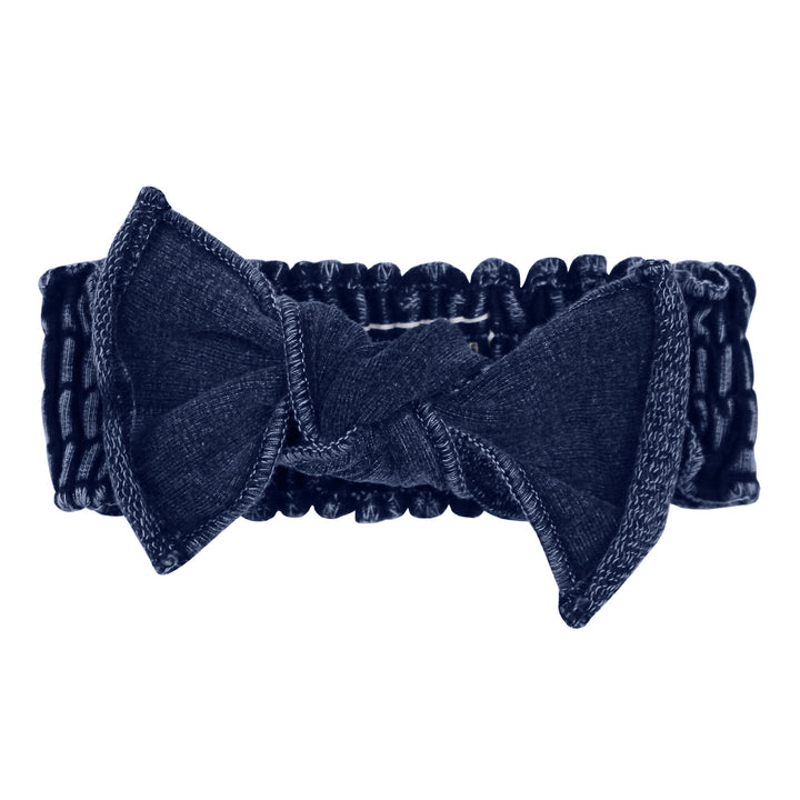 Faux Denim Smocked Headband in Navy, a dark blue color.