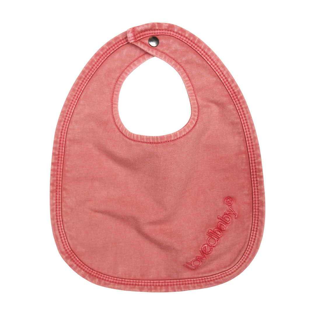 Faux Denim Bib in Sienna, a dark pink color.