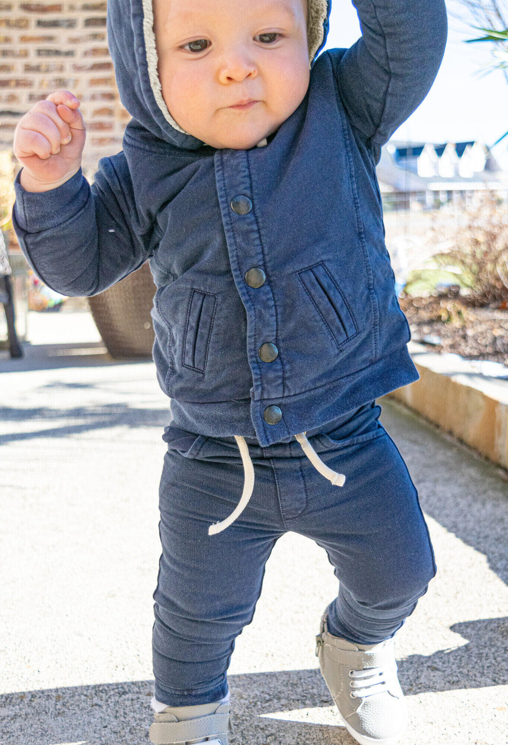 Child wearing Faux Denim Jacket & Jogger Set in Navy.