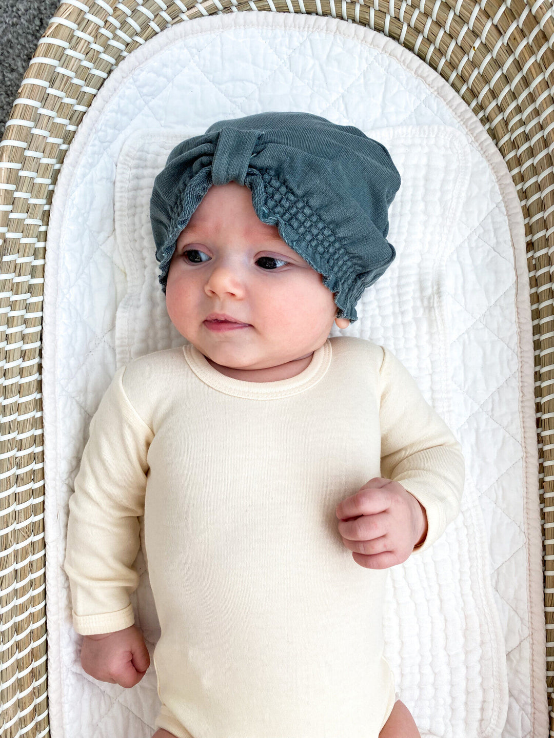 Child wearing French Terry Knotted Turban in Moonstone.