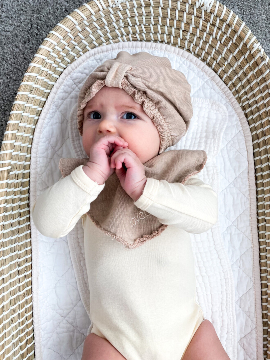 Child wearing French Terry Knotted Turban in Oatmeal.