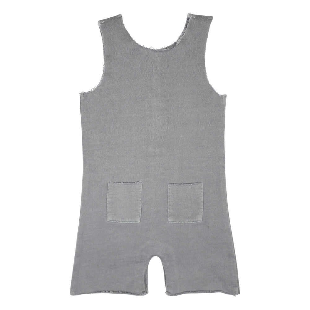 Back view of French Terry 2-Sided Romper in Mist, a medium gray color.
