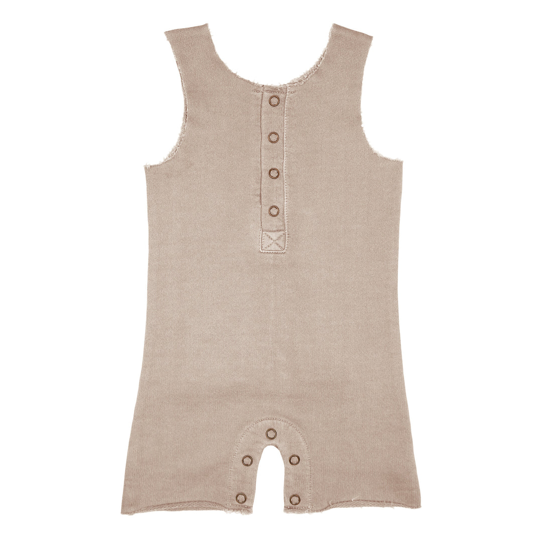 French Terry 2-Sided Romper in Oatmeal, a light tan color.