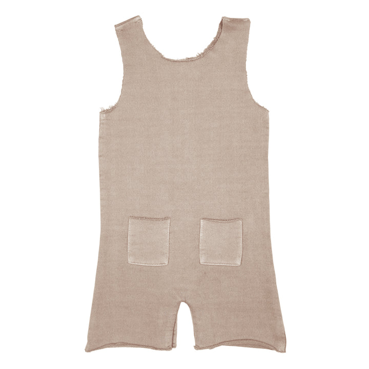 Back view of French Terry 2-Sided Romper in Oatmeal, a light tan color.