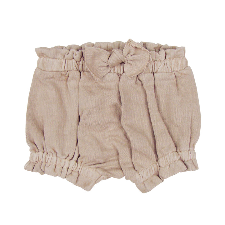 French Terry Ruffle Bloomer in Oatmeal, a light tan color.