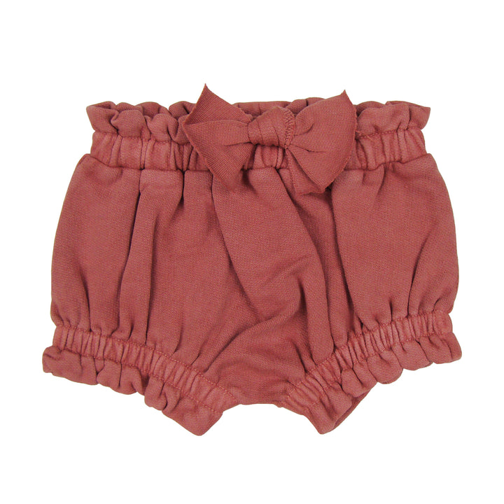 French Terry Ruffle Bloomer in Sienna, a dark pink color.