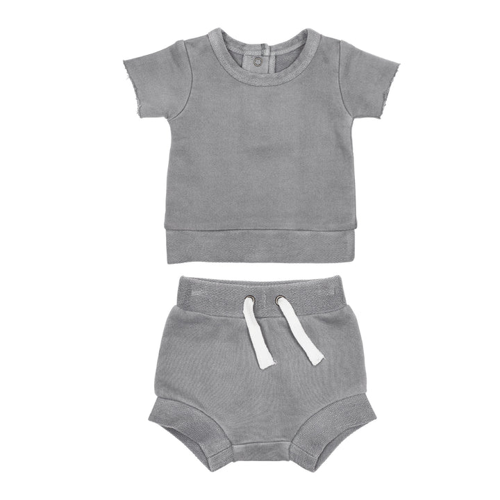 French Terry Tee & Shorties Set in Mist, a medium gray color.