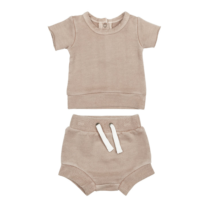 French Terry Tee & Shorties Set in Oatmeal, a light tan color.