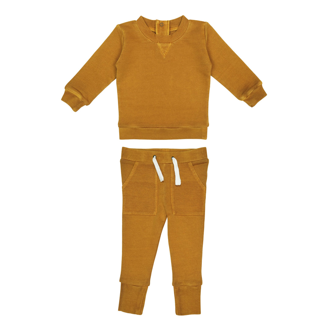 French Terry Sweatshirt & Jogger Set in Butterscotch, a yellowish orange color.