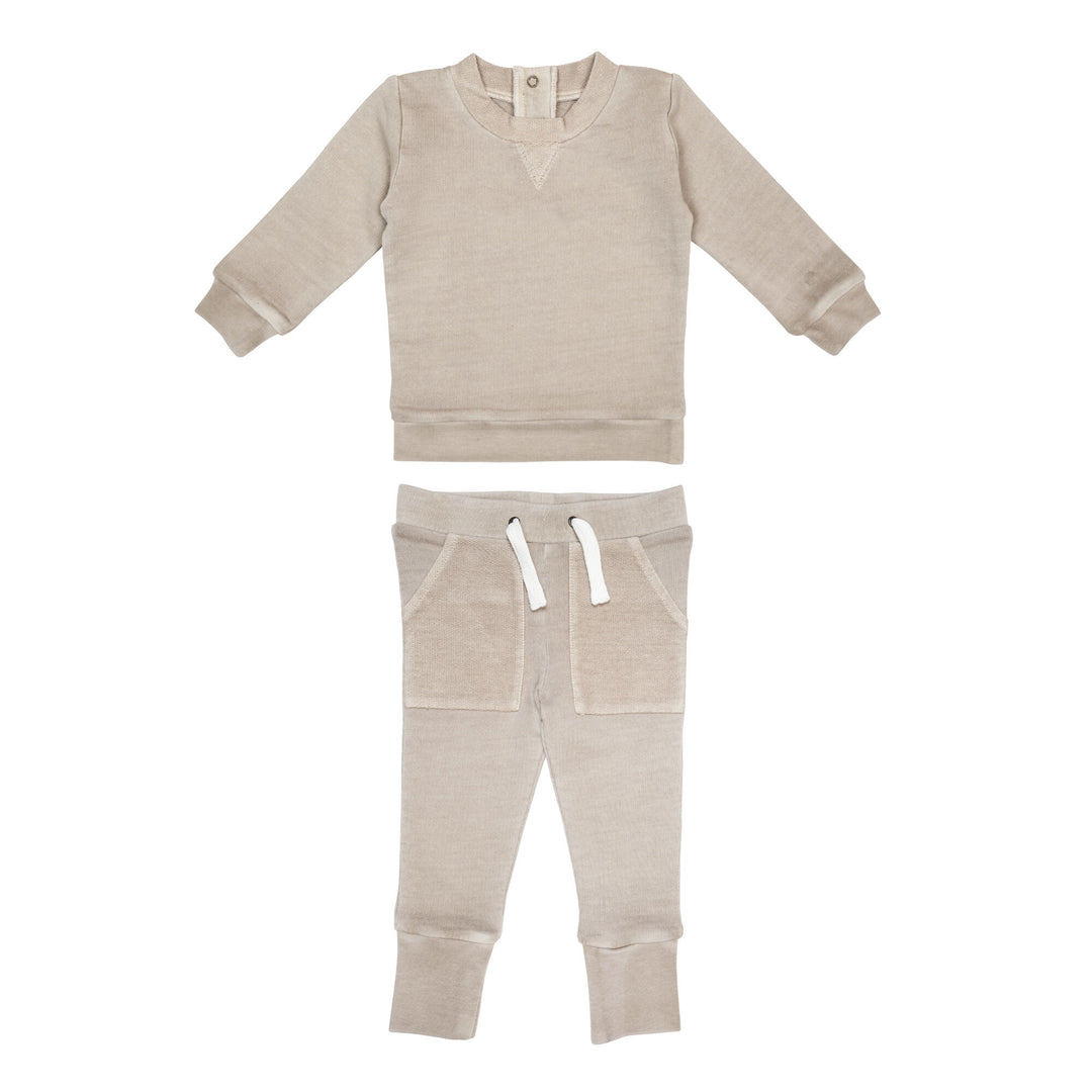 French Terry Sweatshirt & Jogger Set in Oatmeal, a light tan color.