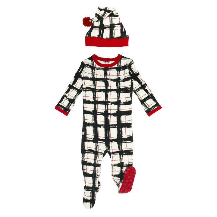 Organic Holiday Footie & Cap Set in Christmas Day Plaid, a beige fabric with red and black plaid.