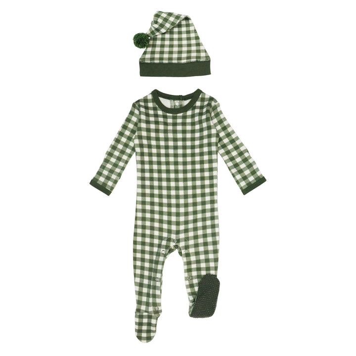 Organic Holiday Footie & Cap Set in Christmas Eve Plaid, a beige fabic with green gingham print.