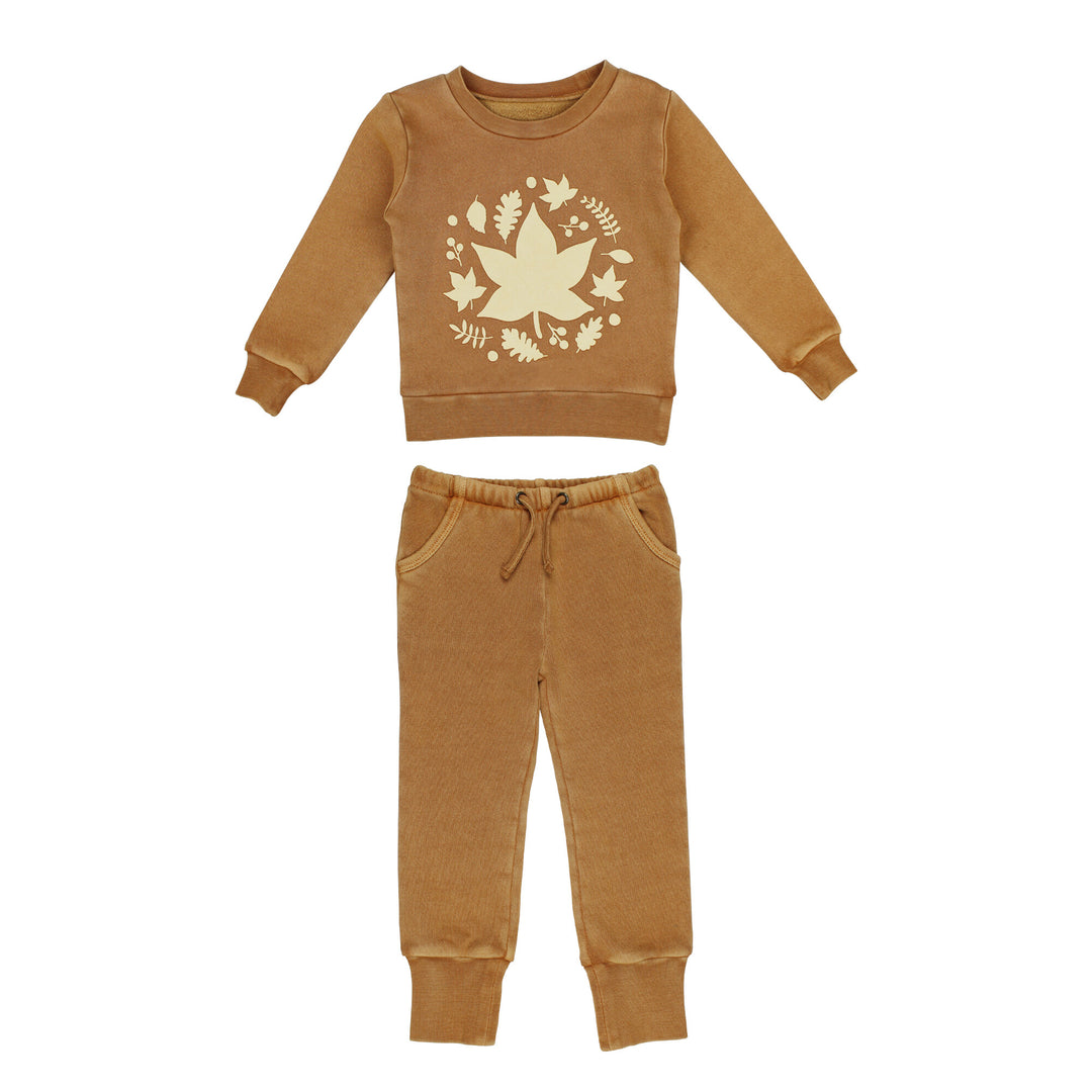 Kids' Organic Cozy Graphic Sweatshirt & Jogger Set in Toffee Leaf.