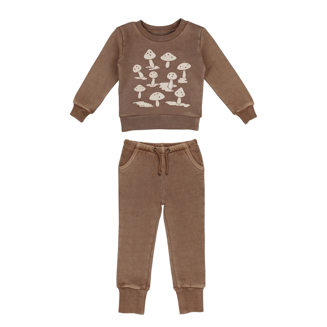 Kids' Organic Cozy Graphic Sweatshirt & Jogger Set in Umber Mushroom.