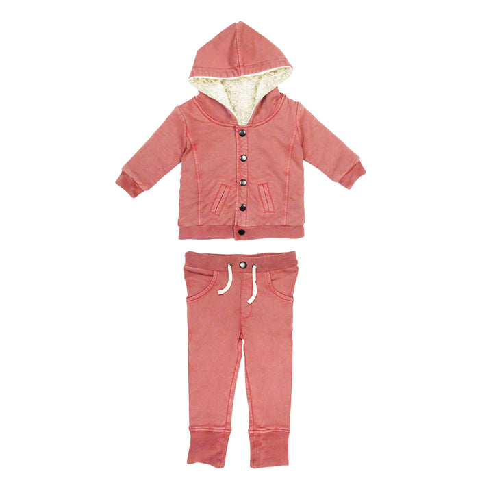 Kids' Faux Denim Jacket & Jogger Set in Sienna, a dark pink color.