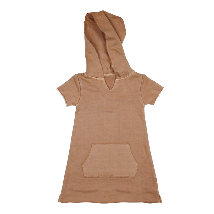 Kids' French Terry Hoodie Dress in Adobe, a tan clay color.