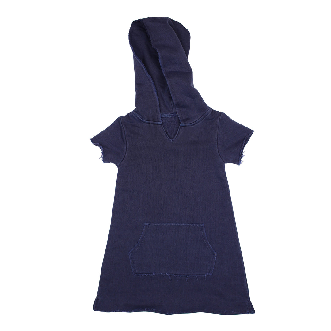 Kids' French Terry Hoodie Dress in Indigo, a dark blue color.