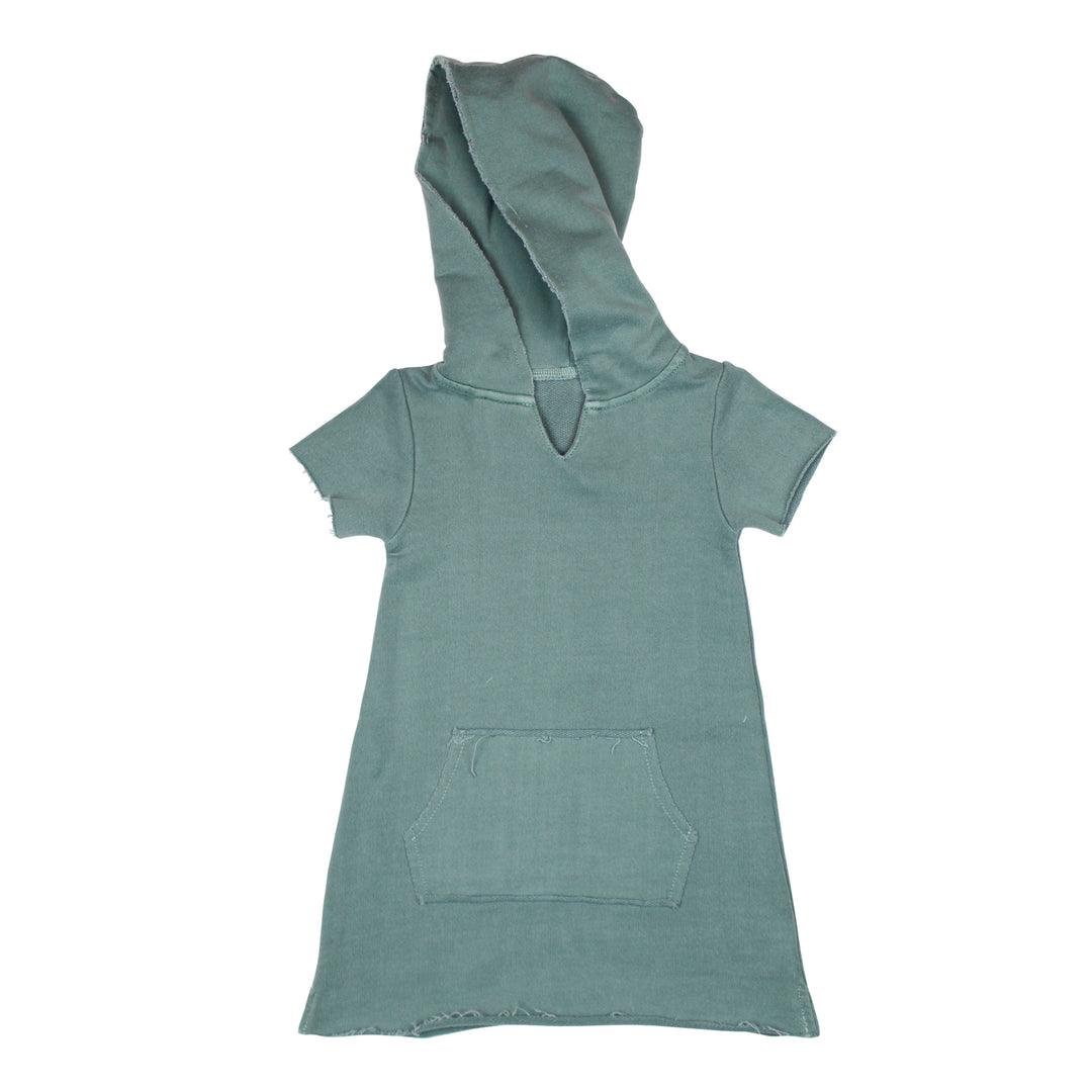 Kids' French Terry Hoodie Dress in Jade, a blue green color.