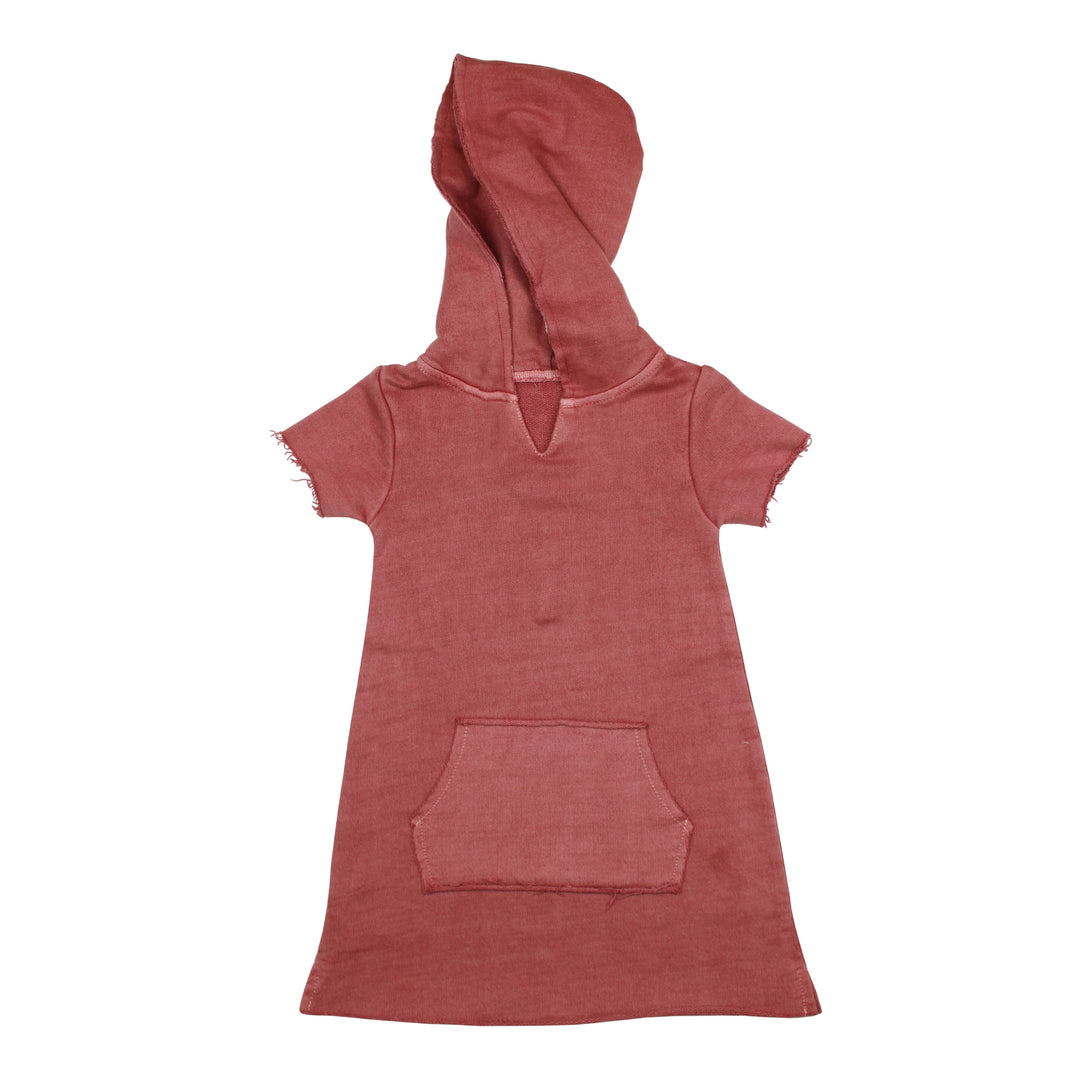 Kids' French Terry Hoodie Dress in Sienna, a dark pink color.