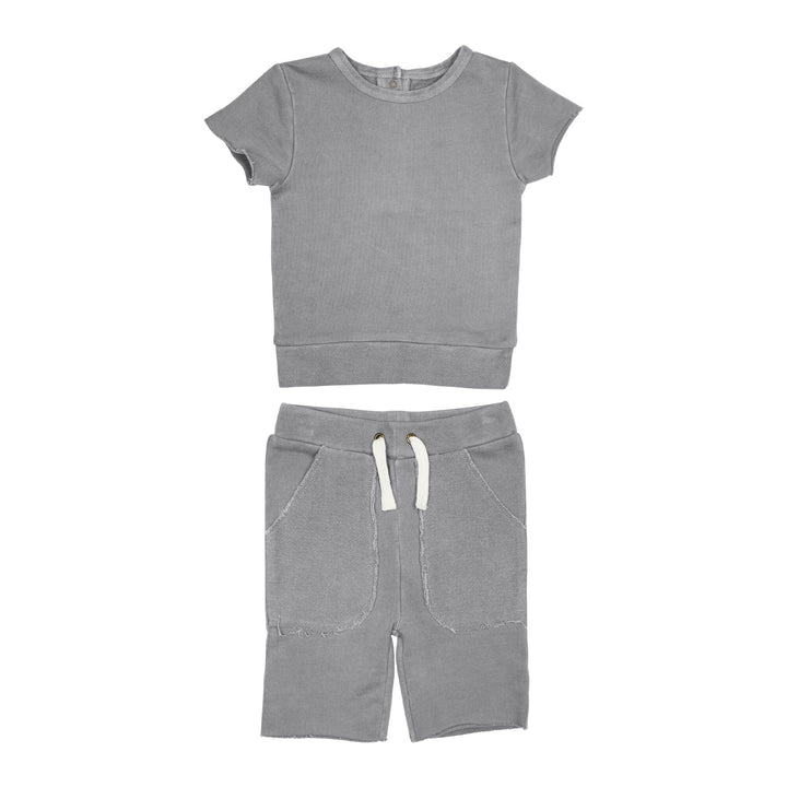 Kids' French Terry Shorts & Tee Set in Mist, a medium gray color.