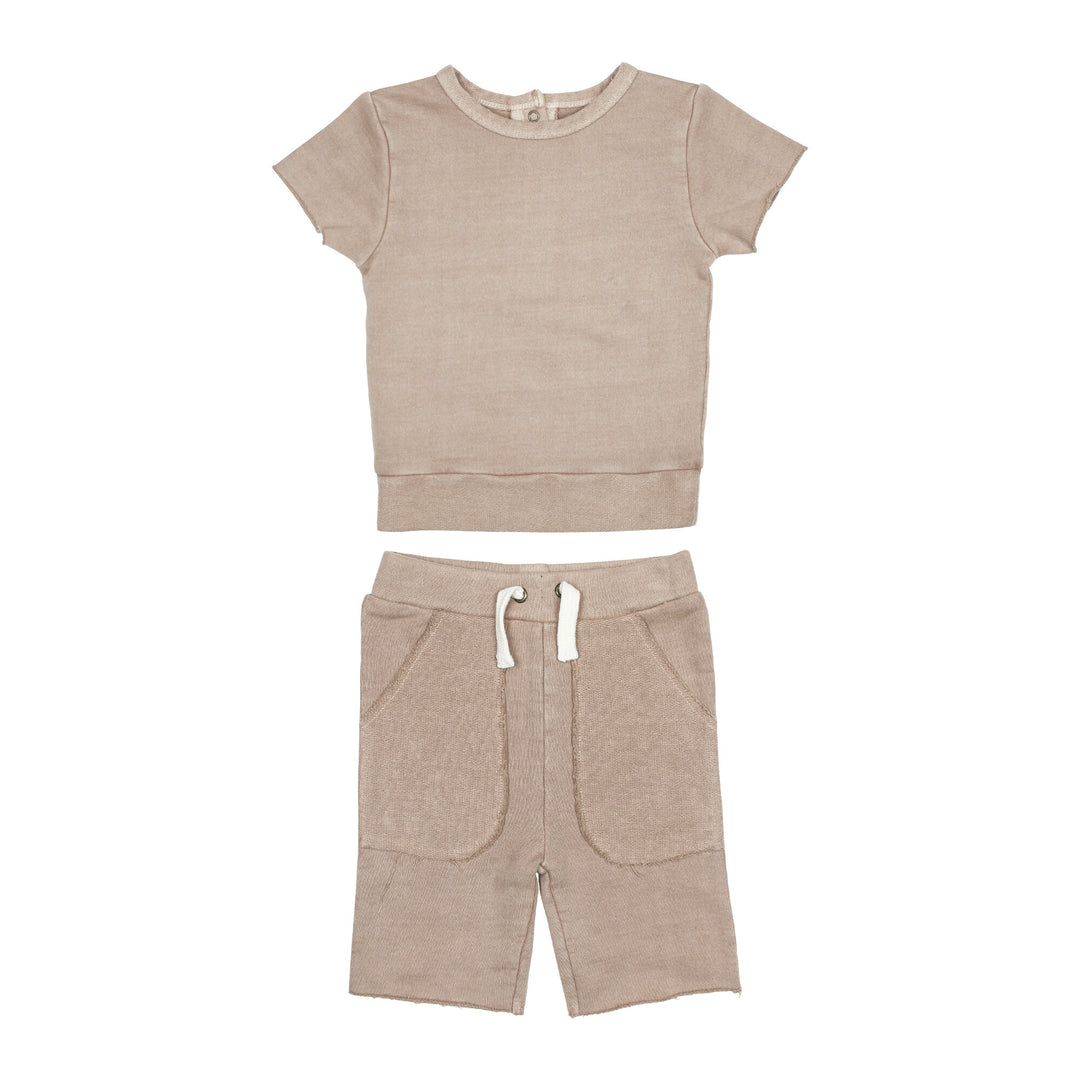 Kids' French Terry Shorts & Tee Set in Oatmeal, a light tan color.