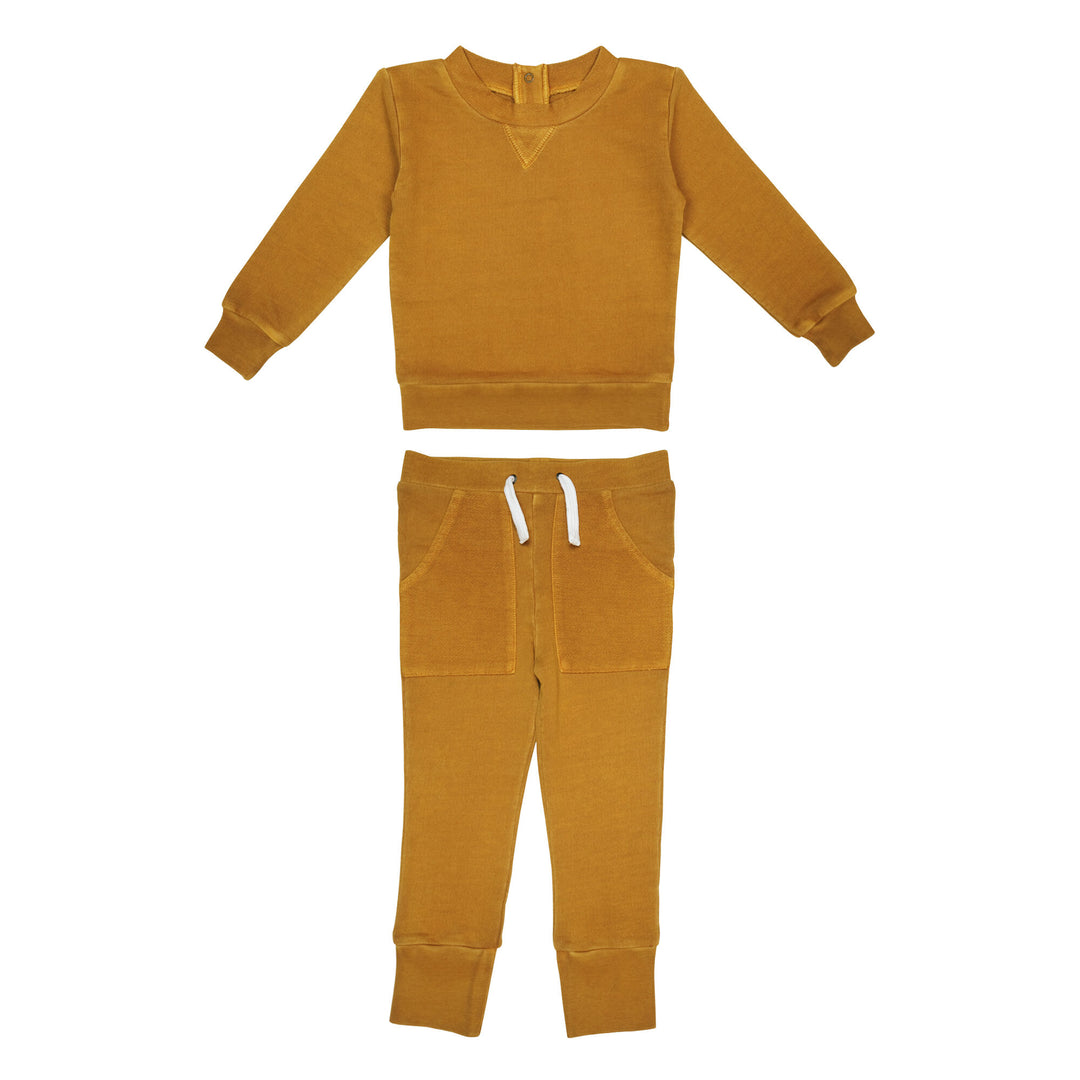 Kids' French Terry Sweatshirt & Jogger Set in Butterscotch, a yellowish orange color.